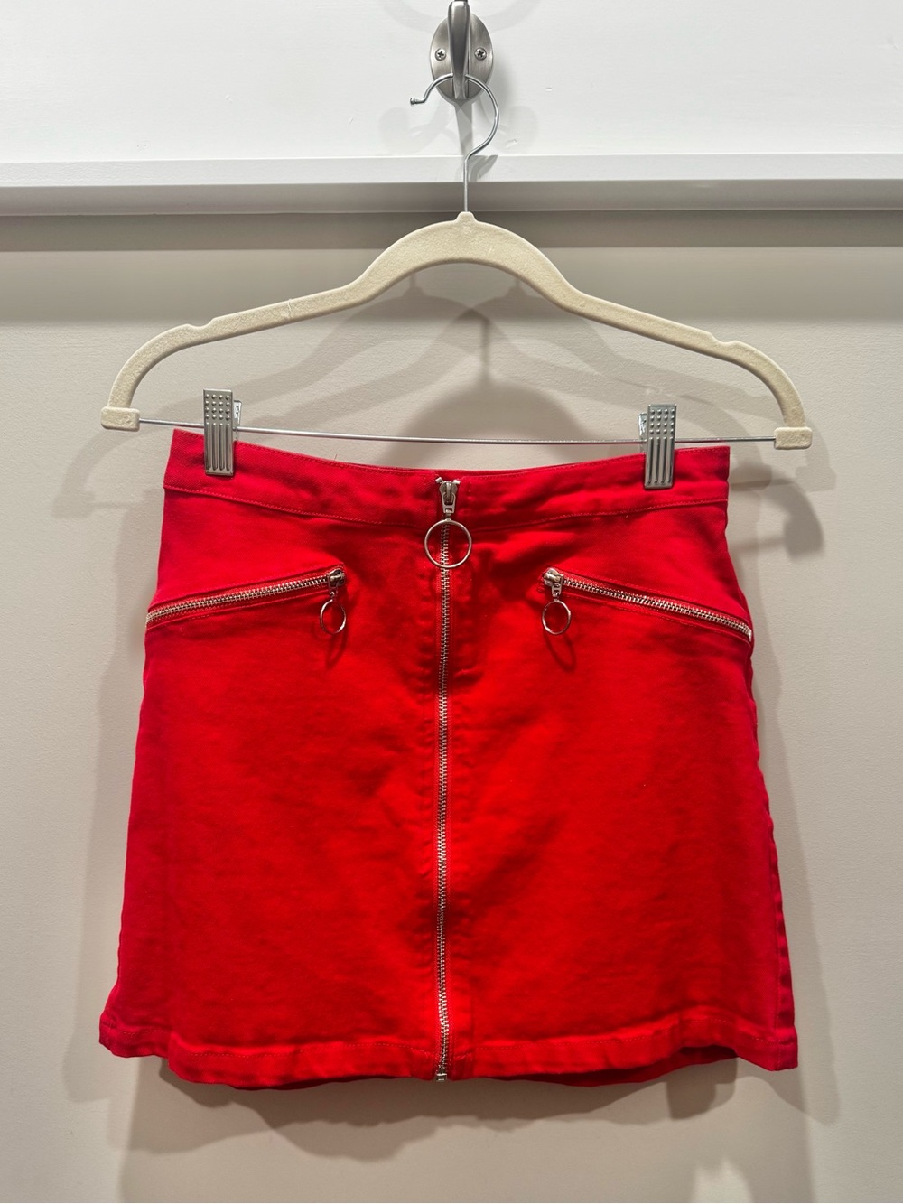 Red Dress Boutique Red Zip-Front Mini Skirt with Ring Pulls